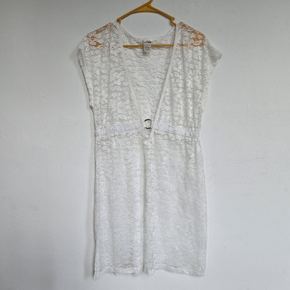 Freckles White Lace Mini Dress Sheer V Neck Ring Detail Size L